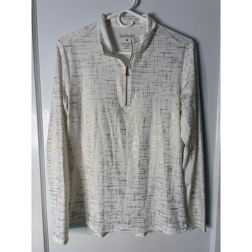 SanSoleil SolCool Womens White Gold Foil Grid 1/4 Zip Pullover UPF 50 Top M